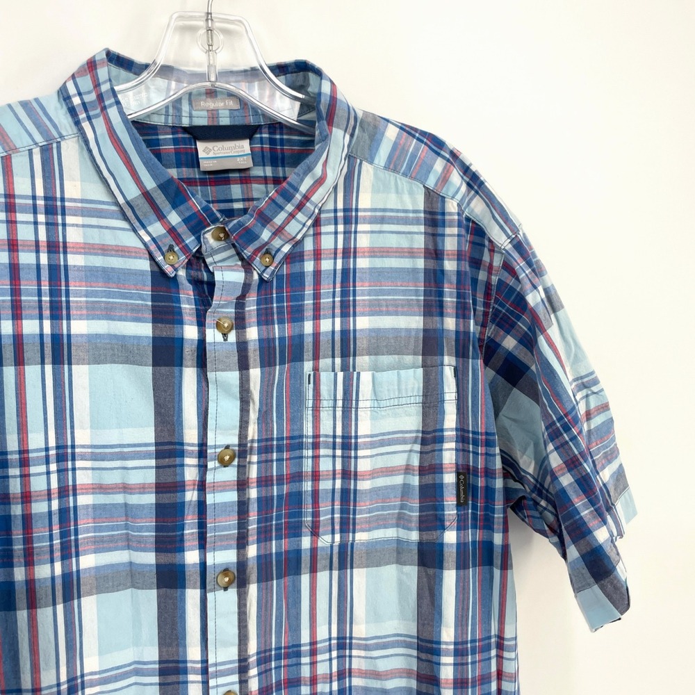 Columbia Short Sleeve Plaid Button Down Shirt Mens 2XT Tall Blue Regular Fit
